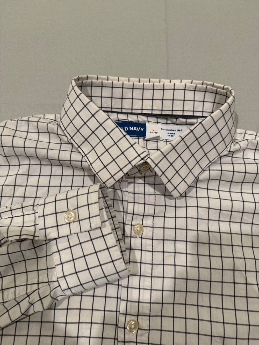 Old Navy Pro Signature Slim Fit Go-Dry Check Dress Shirt L White Charcoal